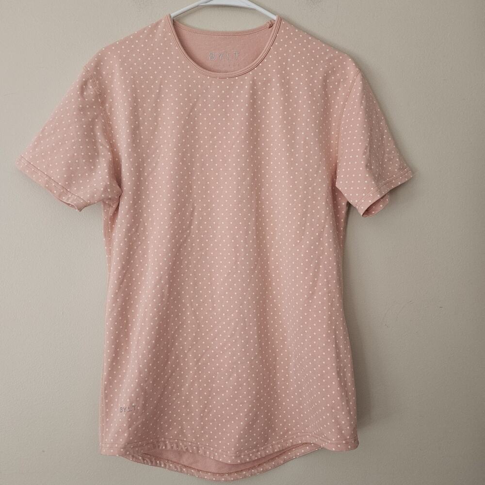 BYLT Shirt Womens Small Pink Polka-dot Crew Neck Short Sleeve Shirt Top